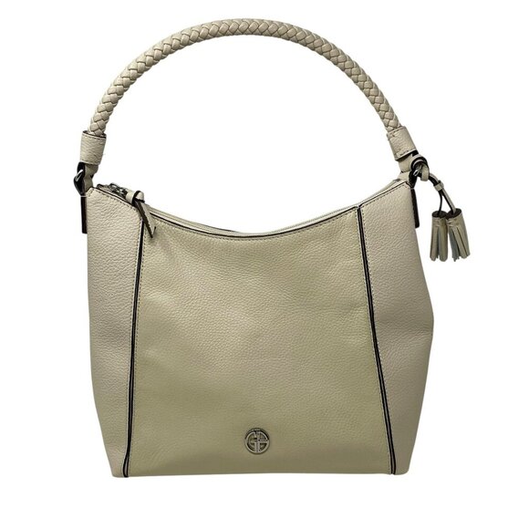 NWOT Gianibernini Ivory Pebbled Leather Braided Handle Zipper Hobo Logo Purse - Picture 1 of 12